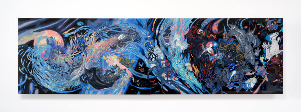 Colorful art piece with an array of fantasy characters and different hues of blue streaks in the background.